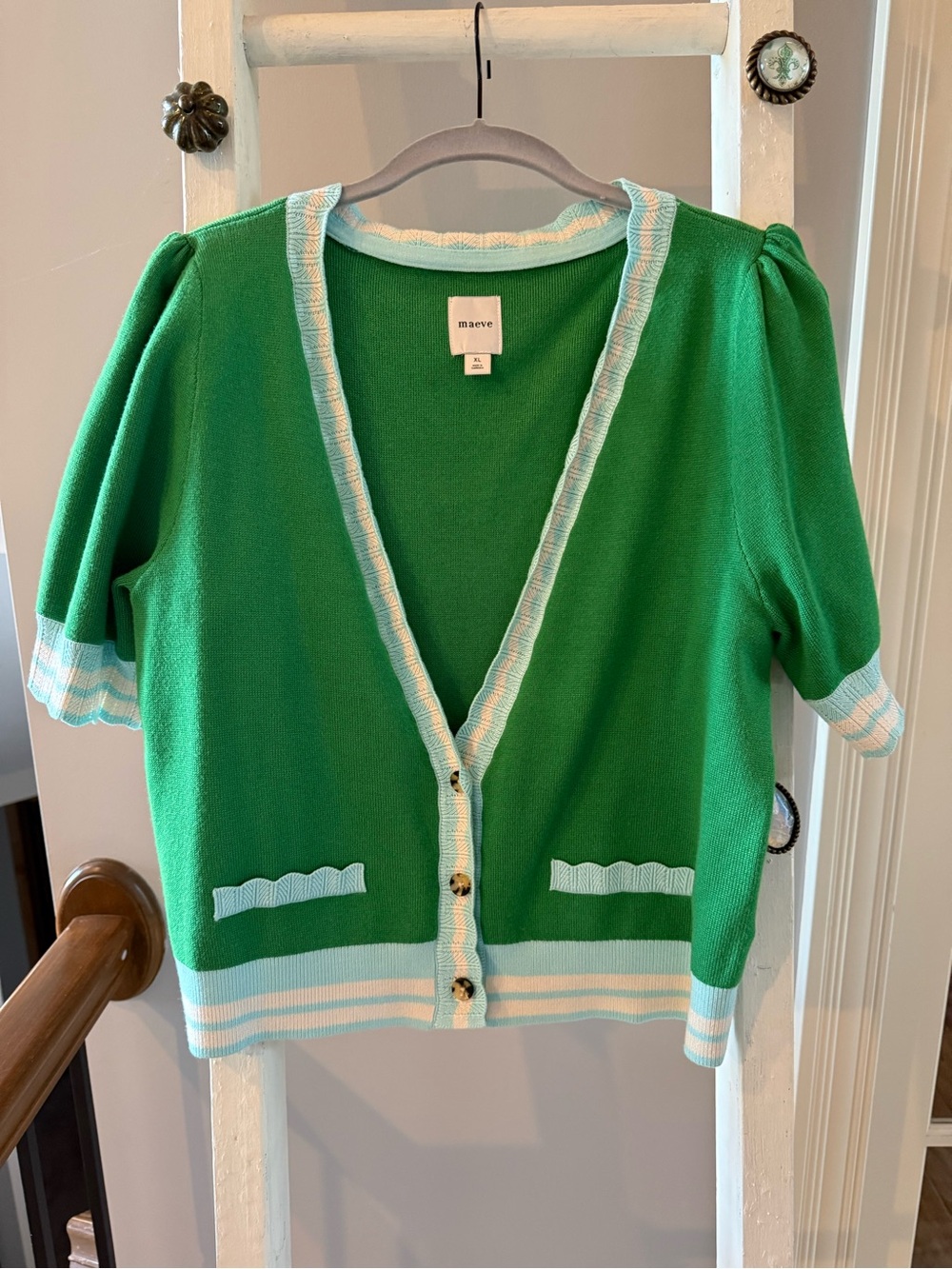 Maeve Green Short-Sleeve Cardigan with Cream Trim